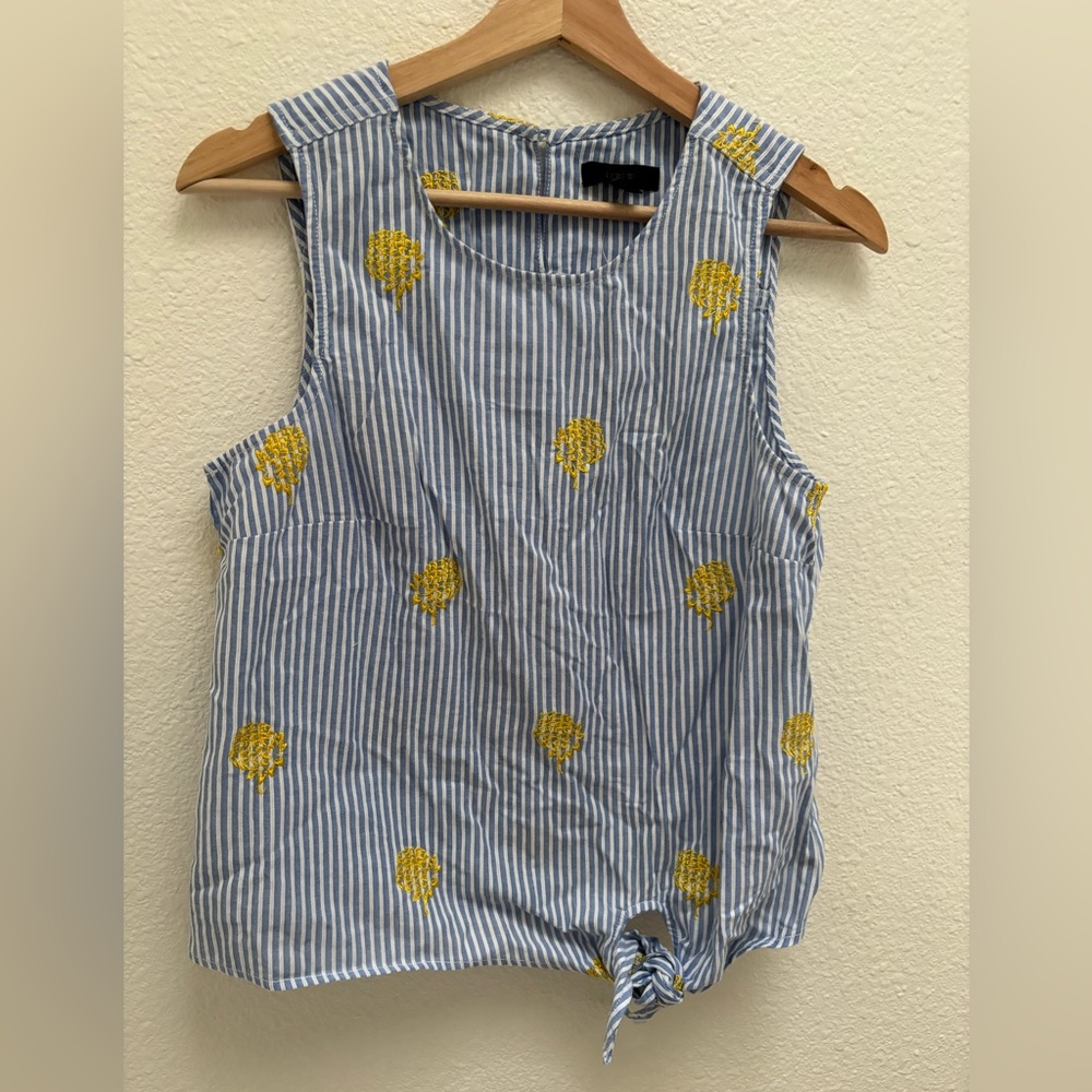NWT J Crew side tie sleeveless blouse. Size 2. Cute pineapple embroidery